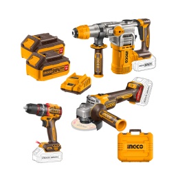 Combo Ingco COSLI241183 Taladro ator. Perc. + Amoladora + Rotomartillo (2x5Ah y acces.)