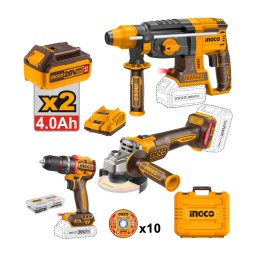 Kit Ingco 20V 3Pz Taladro percutor+Amoladora+Rotomartillo