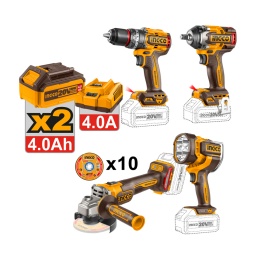 Kit Ingco 20V Brush 4Pz Taladro+Amoladora+Llave Impacto+Lmp