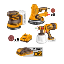 Kit Ingco 20V Lijadora Yeso+Lijadora rot+Pistola Pintar+2bat